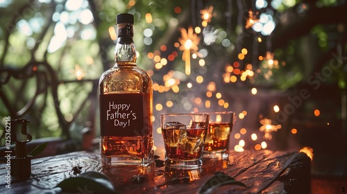 father's day illustration of an outdoor sunny daylight close up of a bottle of whiskey and two glass cup sitting on a wooden table, with Happy Father's day text