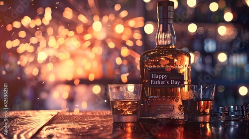 father's day illustration of an outdoor sunny daylight close up of a bottle of whiskey and two glass cup sitting on a wooden table, with Happy Father's day text