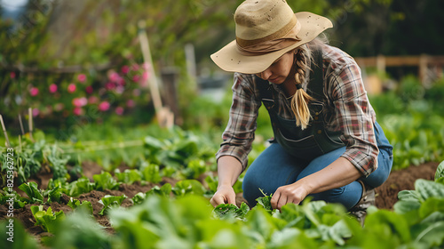 a woman in a straw hat is picking vegetables in a field.