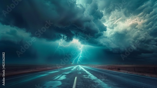 The dark clouds and lightning bolts create a dramatic scene over the lonely road.