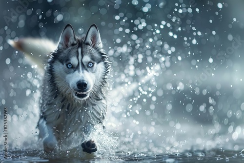 siberian husky with stunning blue eyes running on splashing water 3d dog illustration