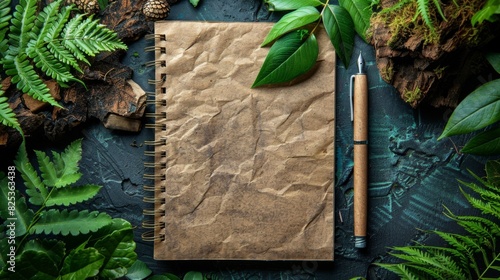 eco-friendly stationery set notebook made of recycled paper paired with a plant-based pen, adorned with green leaves for a sustainable touch