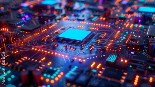 3D rendering of a futuristic computer chip with glowing blue and orange lights.