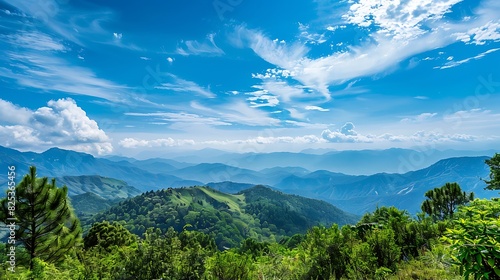 Blue sky and green mountains landscape