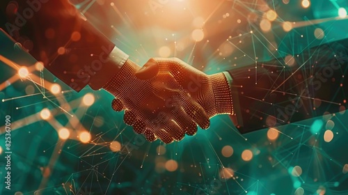 Businessmen handshake on the background of digital icon networks and financial elements,