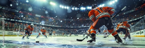 A fast-paced and thrilling moment in an ice hockey game, capturing the speed, skill, and intensity of the players as they battle for the puck, with an animated crowd and icy arena setting.