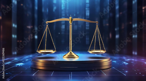 A Law weighting scale on a futuristic data center background, Abstract Digital law concept of Judiciary and Justice concept 