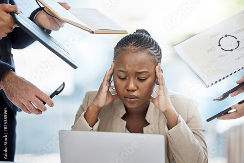 Headache, business and black woman with stress for chaos, burnout and anxiety for project deadline in office. African worker girl, crisis and overwhelm with multitasking and frustrated with documents