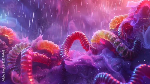 Gummy worms wriggling in a storm of chocolate rain, scifi, neon tones, mixed media