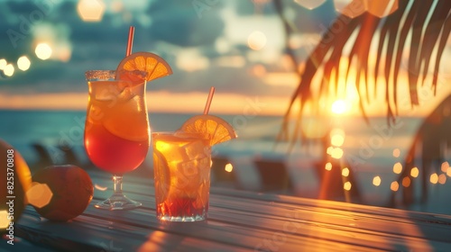 Closeup of tropical drinks clinking at a beach bar, sunset light, photorealistic, Double exposure, coastal bar backdrop