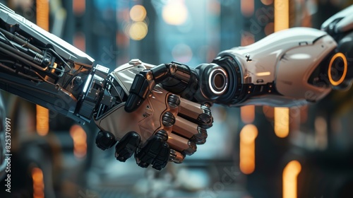 Closeup shot of a robot and human hand in a handshake, highlighting technological harmony, technology tone, Splitcomplementary color scheme