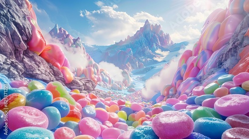 Jellybean boulders tumbling down a mountainside during a candyquake, whimsical, bright tones, 3D render