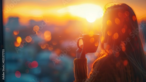 coffee break at sunrise close up, focus on, copy space golden hour glow, double exposure silhouette with a person