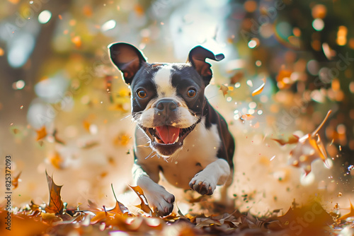 Close-up of a Boston Terrier joyfully running through an autumn park with leaves flying around