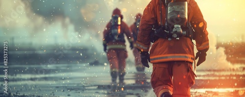 Firefighters in protective gear walking through a smoky environment, highlighting bravery and resilience in emergency situations.