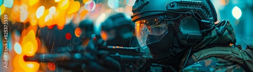Tactical soldiers in combat gear aiming rifles at night with bokeh lights in the background, depicting urban military operation.