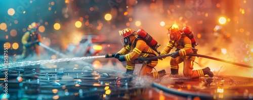 Two firefighters in action fighting a blaze amidst intense smoke and flames at night, showcasing bravery and teamwork.