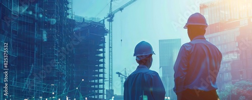 Two engineers in helmets discussing a construction project at a building site with cranes and skyscrapers in the background.