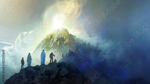 The moment of Jesus' transfiguration on a mountain, illuminated by a divine light as disciples look on. , natural light, soft shadows, with copy space