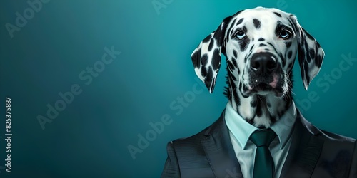 Anthropomorphic Dalmatian dog in business suit pretending to work in studio. Concept Anthropomorphic Character, Dalmatian, Business Suit, Studio Photography, Playful Pose