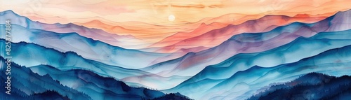 A serene watercolor painting depicting layered mountain ranges in hues of blue, pink, and orange, under a soft, glowing sunset.