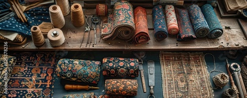 A collection of vibrant fabric rolls and sewing tools on a wooden table, showcasing a variety of patterns and textures for crafting and design.
