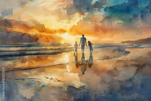 Watercolor painting of family walking on beach at sunset, colorful sky and reflections on water create picturesque seascape scene.
