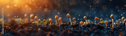 A close-up of small seedlings sprouting in soil, bathed in warm sunlight with water droplets, representing growth and new beginnings.