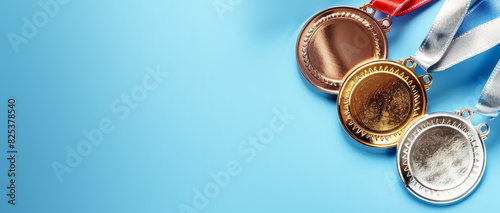 Gold, silver and bronze olympic medals blue background. ,