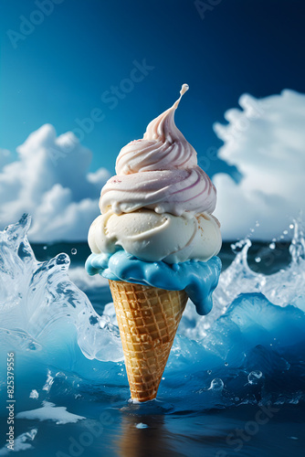Ilustracja loda w wafelku na tle oceanu i pochmurnego błękitnego nieba wśród fal i pluśnięć wody
