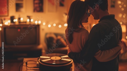 A young couple slow dancing in their living room the warm sound of a vinyl record filling the room.