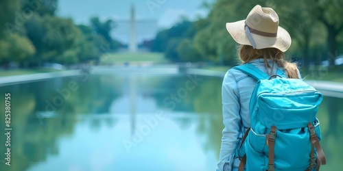 Exploring Washington DC: Woman traveler in hat and backpack at Lincoln Memorial reflecting pool. Concept Travel, Washington DC, Lincoln Memorial, Portrait, Outdoor Adventure