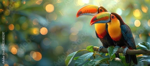 Pair of beautiful toucan birds with tropical plant leaves on blurred background