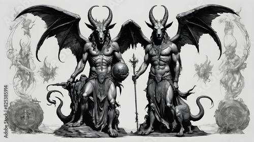 A black and white image of Two Baphomet figures, with antlers and an evil gaze, highlights the deity's role in hermeticism, occultism, and the dark mythology of the Templars.