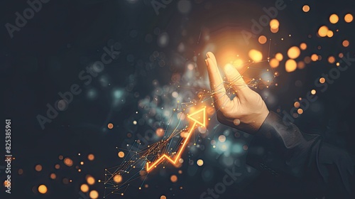 Businessman holding a growth arrow and market graph with glowing icons on a dark background. Man hand pointing to rising business chart, financial strategy concept on black background.
