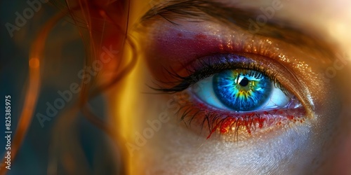 Detailed image of red swollen eye with hemorrhage greenblue iris conjunctivitis. Concept Eyeball Health, Ocular Conditions, Eye Diseases, Diagnostic Symptoms, Medical Photography