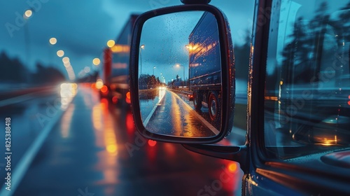 View of highway traffic at dusk through truck side mirror, showcasing blurred lights and reflections on a rainy evening.