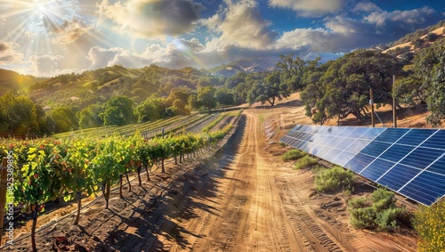 Capture the essence of sustainable agriculture with this image showcasing agrovoltaics, where rows of lush grapevines thrive beneath solar panels, harnessing the sun's energy for a greener future. 