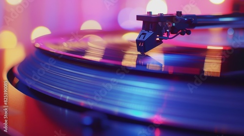 A closeup of a needle on a turntable playing a newly pressed record and producing the warm rich sound that vinyl is known for.