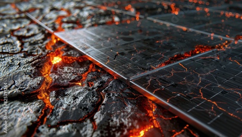 Solar panels with fiery lava flow, highlighting the resilience and sustainability of renewable energy in extreme conditions.