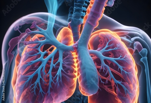The image shows details inside a human being, with two lungs being damaged by cancer. The morale effect spreads throughout the dark room, used for World No Tobacco Day.