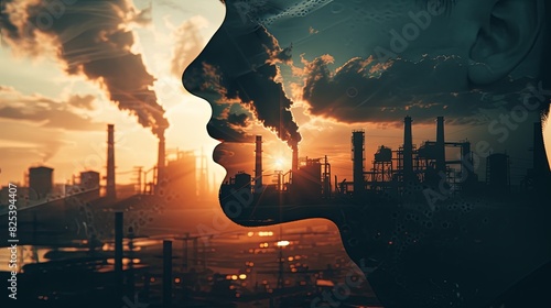 Double exposure of a man's face against an industrial landscape with smoking chimneys and power lines. Panoramic view. Man reflecting on production or ecology. Illustration for varied design.