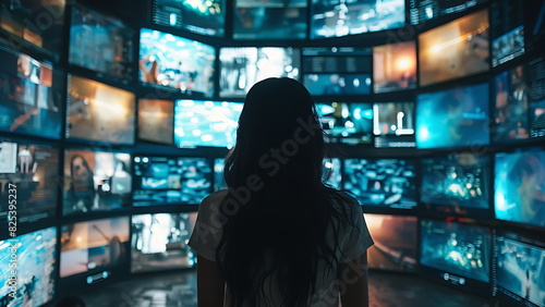 a woman surrounded by multiple tv screen 