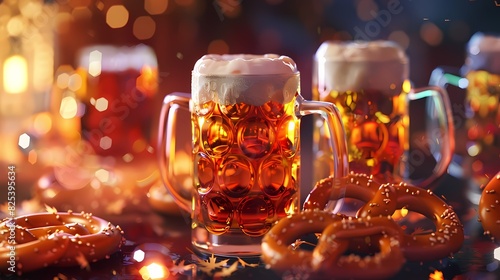 Create a festive AI art piece capturing the spirit of Oktoberfest with beer steins and pretzels."