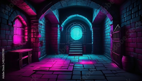 Neon Underground dungeon, fantasy adventure tabletop role play game setting, dark and creepy background created with generative ai 