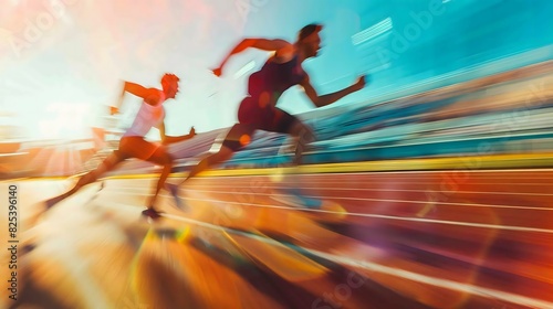 Two athletes sprinting on a race track with a motion blur effect. The sun shines brightly in the background.