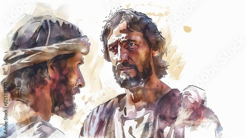 Jesus before Pilate, being questioned and judged. , watercolor style, white background