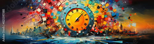 Colorful abstract painting of a clock with roman numerals. The clock is surrounded by a vibrant cityscape with bright colors and a blue river running through it.
