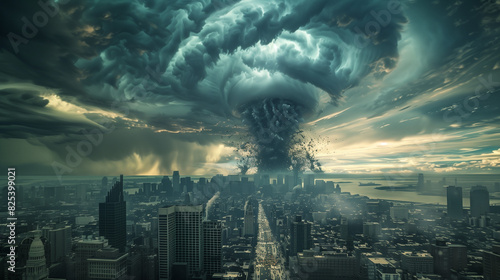 Apocalyptic landscape with an approaching tornado and ominous skies. There is destruction and chaos everywhere, the streets are deserted and the buildings are twisted and torn apart.