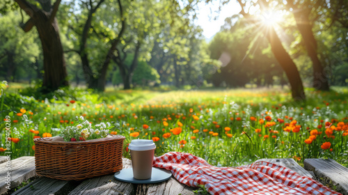 A sunlit picnic blanket spread on the grass in a scenic park, with trees and benches in the background during a sunny day. 